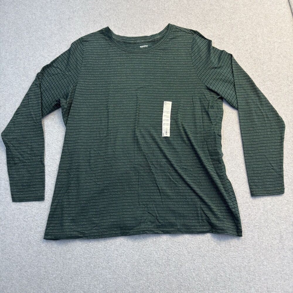 Sonoma Shirt Womens 0X Green Everyday Tee Long Sleeve Striped Round Neck Casual
